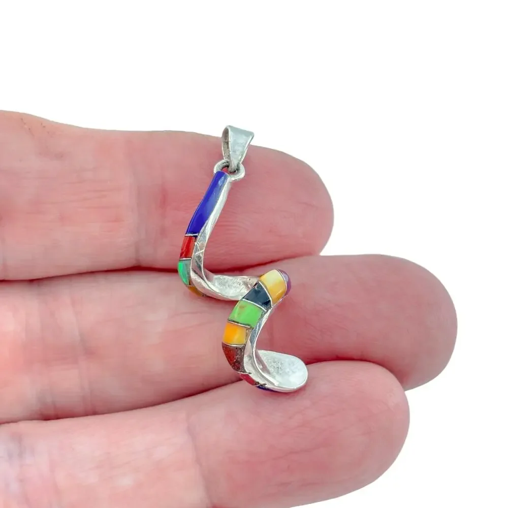 Vintage Sterling Silver Multiple Gemstone Inlay Spiral Pendant